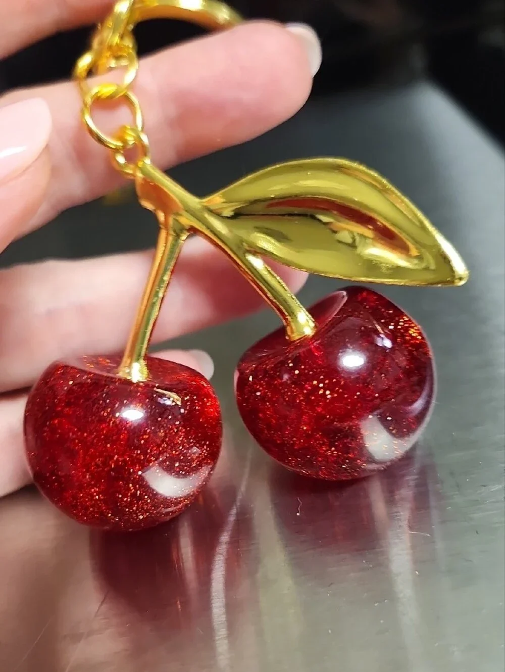 Gold Cherry Keychain with Red Glitter Charms